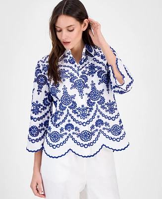Anne Klein Women's Cotton Eyelet Scalloped Shirt