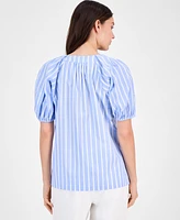 Anne Klein Women's Cotton Poplin Striped Puff-Sleeve Blouse