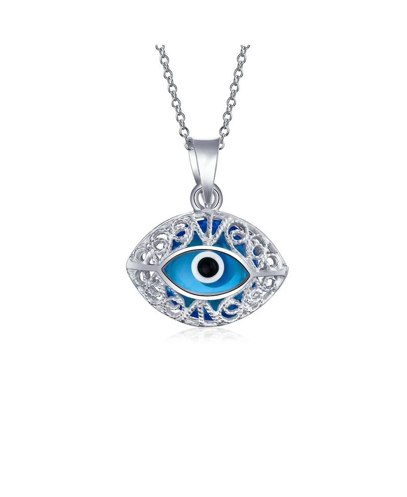 Bling Jewelry Turkish Protection Blue Filigree Oval Evil Eye Charm Pendant Necklace For Women Murano Glass .925 Sterling Silver Made In Turkey