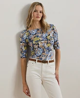 Lauren Ralph Petite Floral Stretch Cotton Boatneck Tee