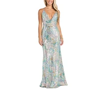 Morgan & Company Women's Sequined Cowlneck Gown