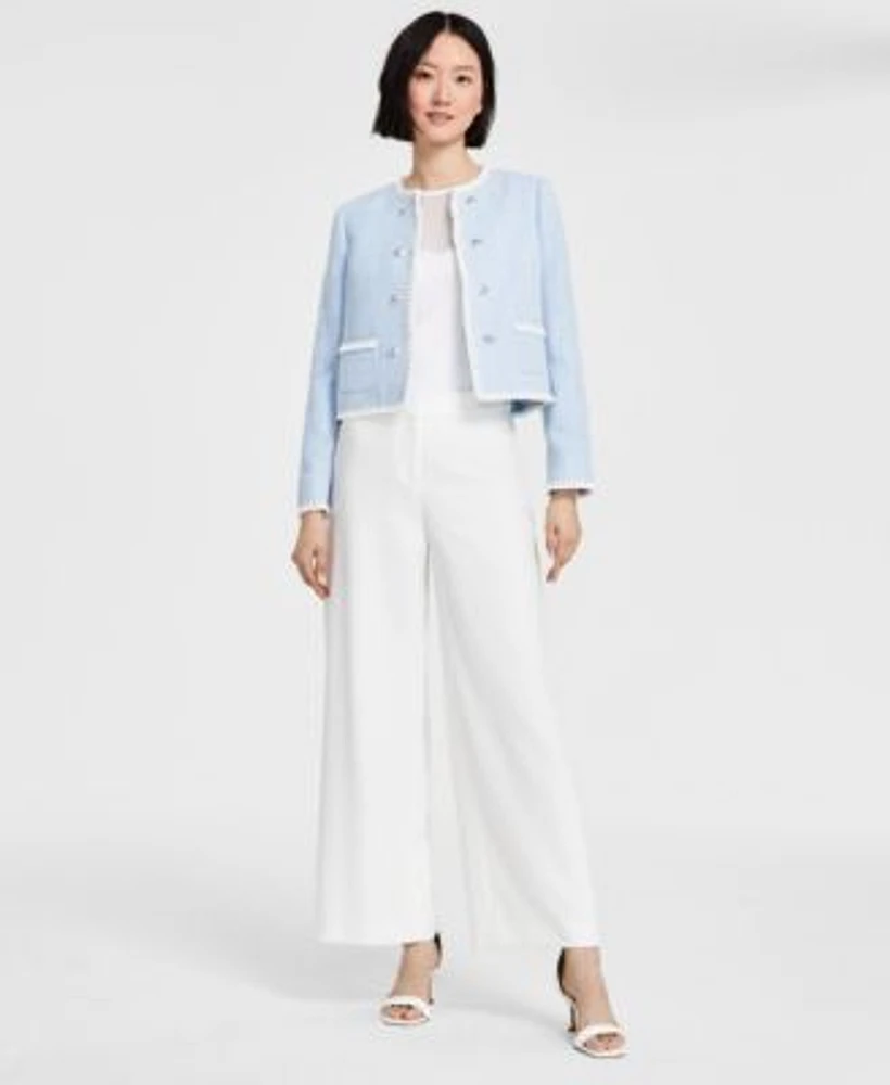 Tahari Asl Womens Open Front Cropped Boucle Jacket Wide Leg Pants