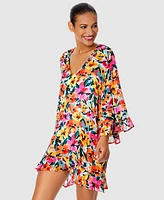 Anne Cole Women's Floral-Print Flounce V-Neck Tunic Swim Cover-Up