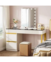 Tribesigns Vanity Desk with Glass Top, 4 Drawers Makeup Vanity Table, Modern Makeup Dresser Desk, White Gold Vanities with Visual Drawer for Bedroom