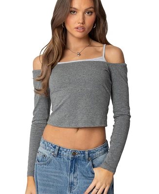 Edikted Womens Off Shoulder Layered Long Sleeve T Shirt