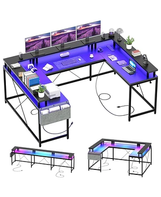 gaomon U Shaped Desk, 126 Inch Gaming Desk with Monitor Stand and Led Lights