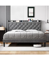 gaomon King Bed Frame with Wingback Headboard, Luxurious Linen Upholstery Platform Bed