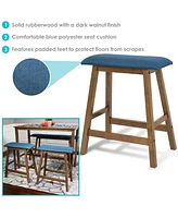 Rubberwood Backless Counter-Height Stools - Weathered Oak Finish with Blue Cushions - Set of 2