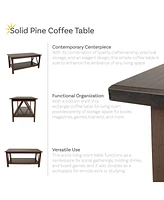 Dark Wood Coffee Table with Storage Shelf - Indoor Solid Pine Wood Center Table for Living Room - Dark Brown - 43.5" W