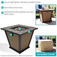 Reykir 24-Inch H Square Fire Pit with Tile Tabletop and Rafa Fabric Sides - Ideal for the Patio, Deck or Backyard