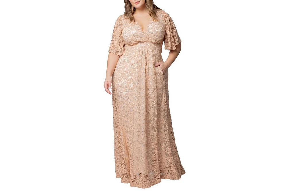 Kiyonna Plus Luminous Sequin Lace Evening Gown with Pockets