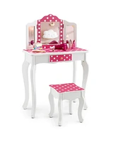 Gouun Kids Vanity Table and Stool Set with Cute Polka Dot Print