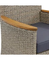 Foxford 7-Piece Rattan and Acacia Outdoor Dining Set - 1 Table and 6 Chairs with 6 Thick Seat Cushions