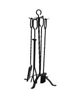 Sunnydaze Decor 4-Piece Fireplace Tool Set with Stand - Heavy-Duty Black Steel Poker, Shovel, Log Grabber and Broom