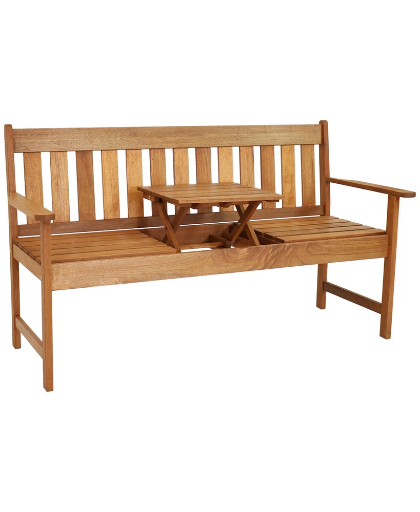 Sunnydaze Decor Meranti Wood Outdoor Patio Bench with Built-In Pop-Up Table - Teak Oil Finish - 60-Inch