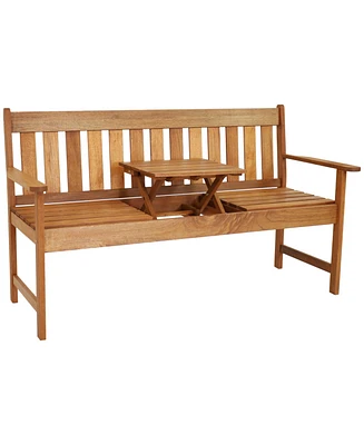 Sunnydaze Decor Meranti Wood Outdoor Patio Bench with Built-In Pop-Up Table - Teak Oil Finish - 60-Inch