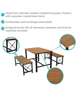 Indoor or Outdoor 3-Piece Dining Table Set - European Chestnut Patio Dining Table with Benches - 47.25-Inch x 15.25-Inch
