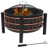 24.5-Inch Black Steel Wood-Burning Fire Pit with Copper-Colored Trapezoid Pattern - Includes Protective Pvc Cover