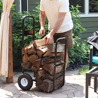 Outdoor Firewood Carrier Log Dolly - Wood Cart with Wheels - Black