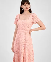 Anne Klein Petite Lace Square-Neck Puff-Sleeve Smocked-Back Dress