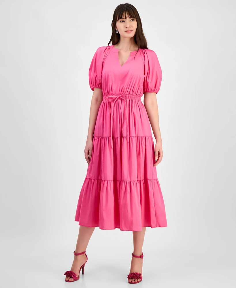 Anne Klein Petite Tiered Puff-Sleeve Split-Neck Midi Dress