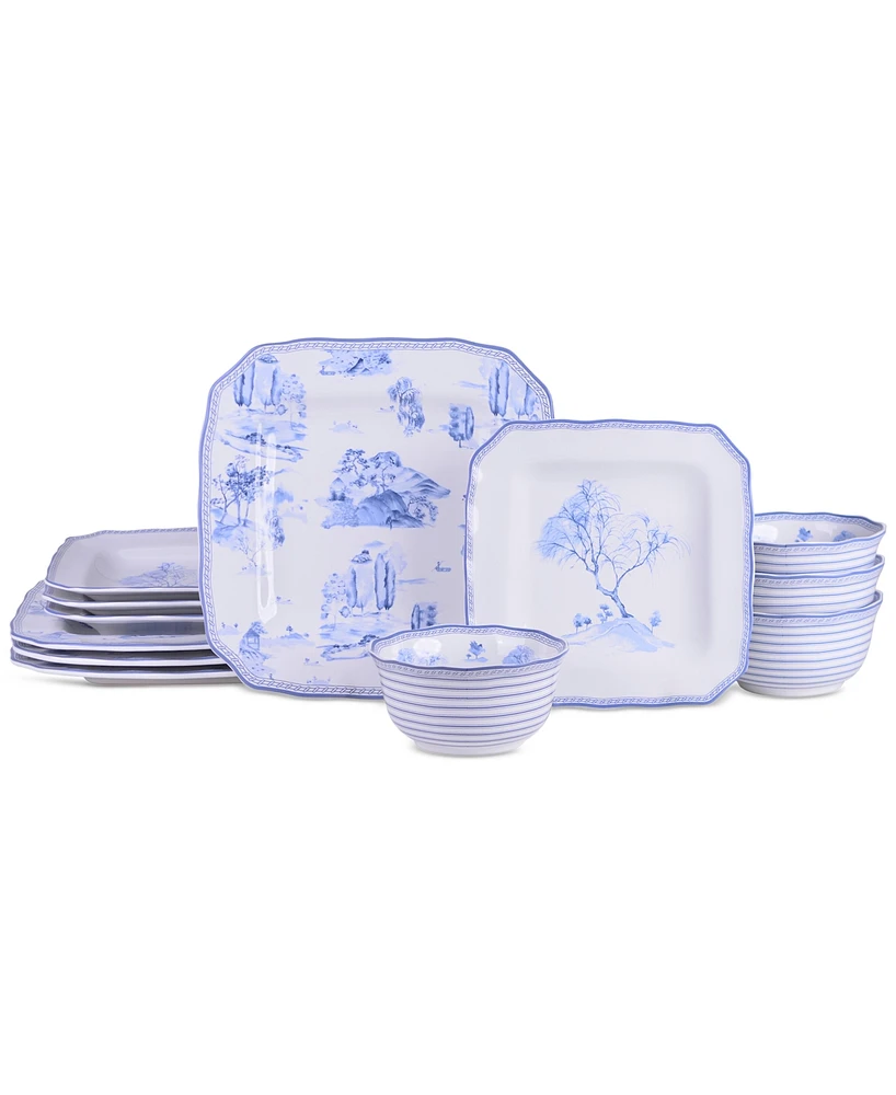 222 Fifth Scenic Toile Blue Porcelain 12 Pc. Dinnerware Set, Service for 4