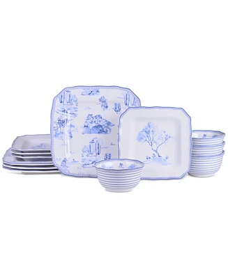 222 Fifth Scenic Toile Blue Porcelain 12 Pc. Dinnerware Set, Service for 4