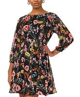 Msk Women's Printed Tie-Waist Long-Sleeve Chiffon Dress