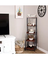 Indoor 4-Tier Leaning Ladder Shelf Bookcase - Acacia Wood - For Office, Living Room, or Bedroom - 59.75" H