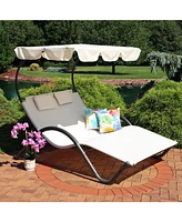 Sunnydaze Decor Outdoor Double Chaise Lounge with Canopy Shade and Headrest Pillows - Beige Fabric with Black Powder-Coated Frame