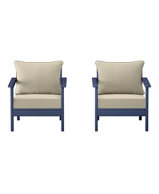Outdoor Modern Hdpe Patio Navy Blue Club Chairs with Deep Seat Cushions (Set of 2)
