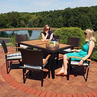 Carlow 7-Piece Rattan and Acacia Outdoor Dining Set - 1 Table 6 Chairs with Seat Cushions Stone Gray