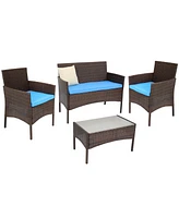 Sunnydaze Decor Dunmore 4-Piece Gray Patio Conversation Furniture Set - 1 Loveseat, 2 Chairs, and Coffee Table Navy Cushions