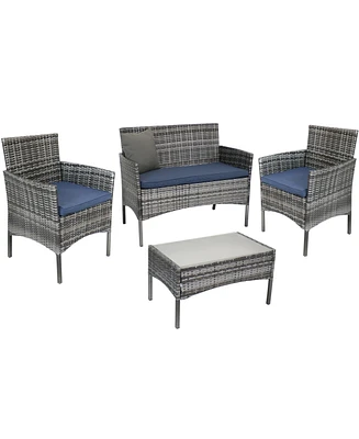 Dunmore 4-Piece Gray Patio Conversation Furniture Set - 1 Loveseat, 2 Chairs, and 1 Coffee Table - Navy Cushions