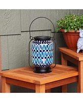 Cool Blue 8.5-Inch Mosaic Glass Solar Led Lantern - Blue, Green, and Purple Design - Tabletop/Pathway Light
