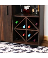 43-Inch H Lavina Wine Cabinet Furniture with Glass Rack and Bottle Storage Shelves - Coffee Brown