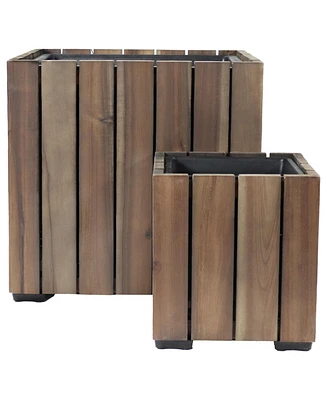 Sunnydaze Decor Indoor/Outdoor Wooden Planter Boxes - 2 Acacia Wood Square Plant Pots with Plastic Liners Anthracite Stain