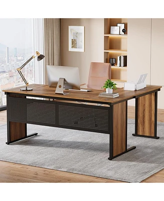 Tribesigns 63" L-Shaped Executive Desk, Large Office Desk with Front Baffle, Modern Computer Desk Workstation Business Furniture for Home Office, Waln