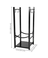 32 Inch Firewood Rack Outdoor with Hooks - Powder-Coated Steel- Indoor Fireplace Log Holder Bronze