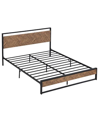 Slickblue Modern Industrial Metal Platform Bed Frame w/ Wood Headboard Footboard