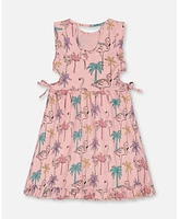 Deux par Big Girls Printed Organic Cotton Dress With Cut Outs Palm Trees, Pink Flamingo, And Turquoise