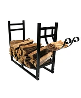 Outdoor Firewood Log Rack with Kindling Holder - Powder-Coated Steel 33 Inch Wide x 30 Tall Black