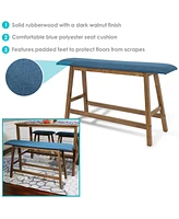 Counter-Height Solid Rubberwood Backless Dining Bench - Weathered Oak Finish with Blue Cushion
