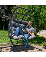 Sunnydaze Decor Andrei Double Hanging Egg Chair with Stand - 2-Person Outdoor Egg Chair - Includes Steel Stand and Cushion - Dark Gray