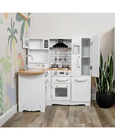 Cozy Corner Interactive Play Kitchen Set for Kids - Wooden Kitchen Playset with Stainless Steel Accessories - White