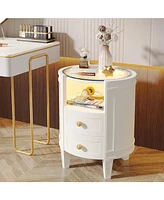 Tribesigns Set of 2 Nightstand with Led Glass Tabletop, Modern Ivory White Nightstand with 2 Drawers, No Assembly Required, Oval Bedside Table for Bed