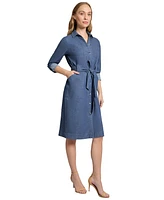 Jones New York Women's Chop Pocket Tie Denim Collared Dress