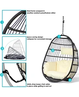 Penelope Black Steel and Polyethylene Wicker Hanging Egg Chair with Turquoise Polyester Cushions - 45-Inch Tall