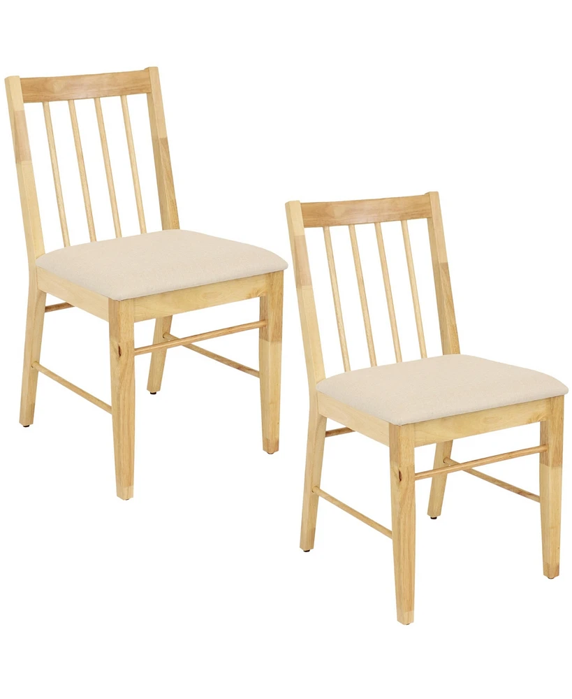 Solid Rubberwood Slat-Back Dining Chairs with Cushions - Natural with Beige Cushions - Set of 2