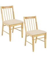 Solid Rubberwood Slat-Back Dining Chairs with Cushions - Natural with Beige Cushions - Set of 2